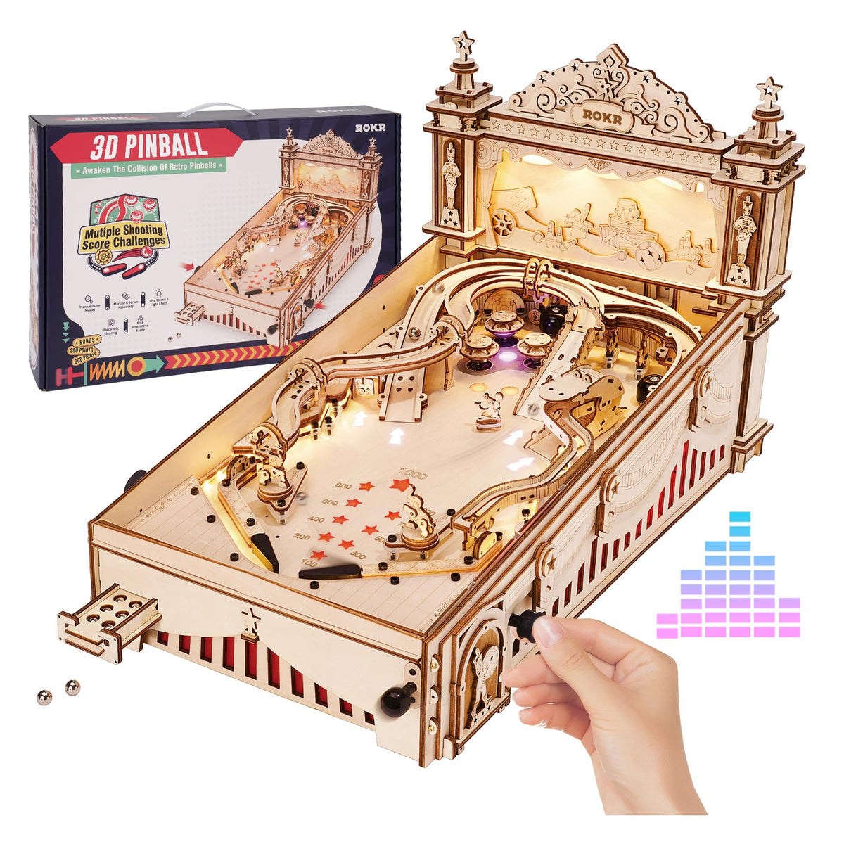 3D Wooden Puzzle Pinball Machine, Circus Style Tabletop Pinball with Electronic Scoring, Lights & Sound, DIY Mechanical Arcade Game Model Kit, Desk Toy Gift for Adults Teens