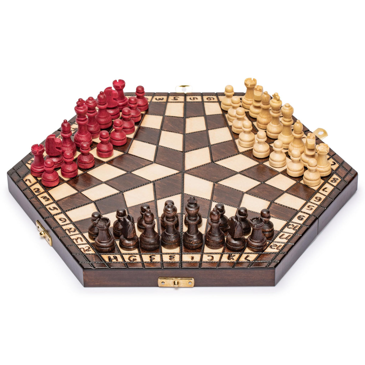 Three-Player Wooden Chess Set, 12 in 3-player hexagonal chess set, hornbeam chessmen, pyrography board, 12.7 x 0.9 x 10.9 in when open