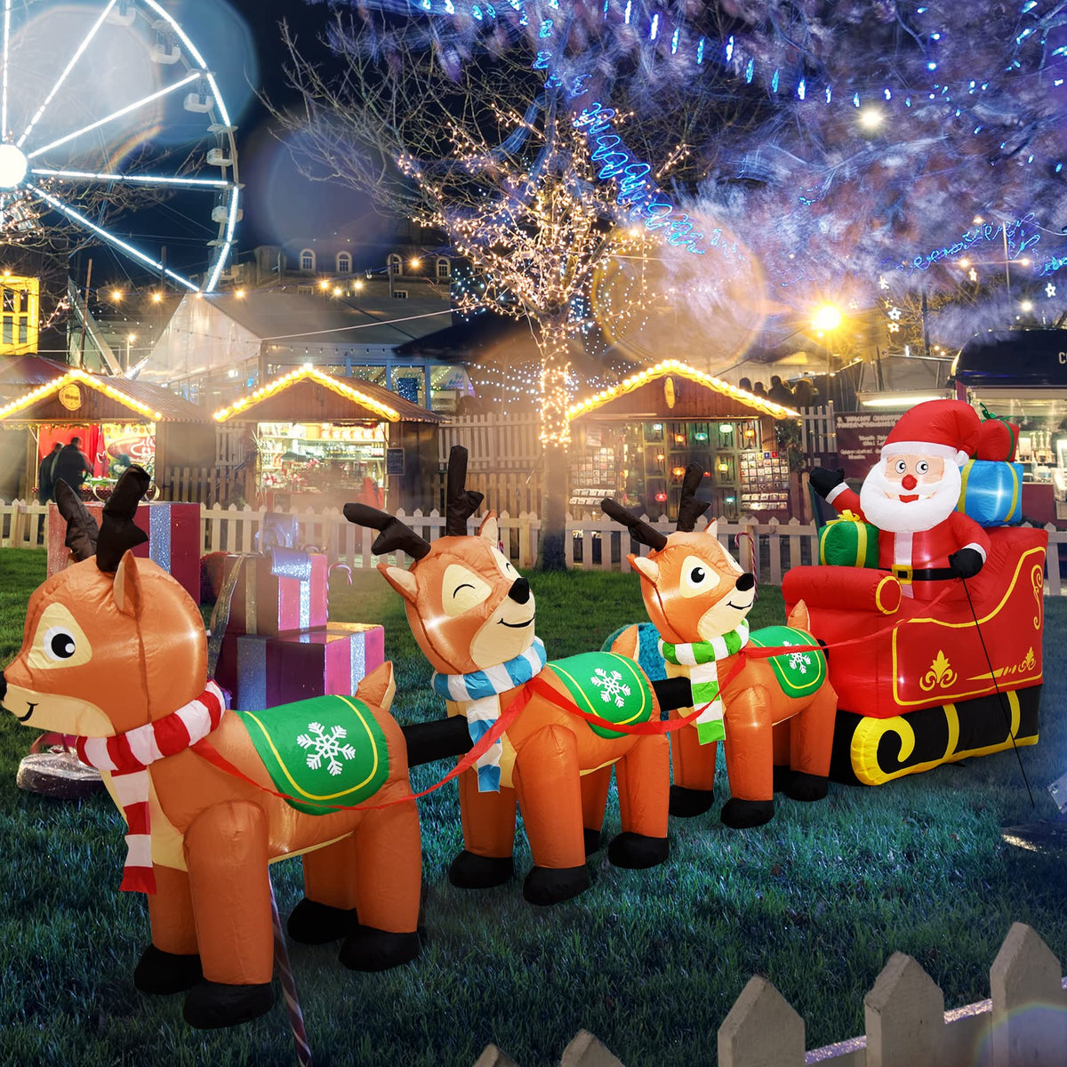 12 Ft Christmas Inflatables Outdoor Decorations Giant Blow Up Yard Decorations Inflatable Santa Claus on Sleigh and 3 Reindeer, with Built-in LED Lights for Indoor Outdoor Home Holiday Decor