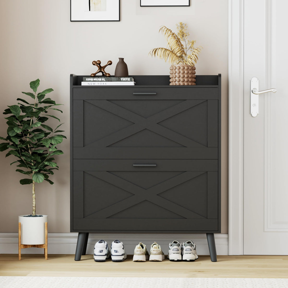 Farmhouse Shoe Storage Cabinet with Flip Drawers & Barn Door Design Slim Narrow Shoe Rack Cabinet with Adjustable Shelves & Hidden Storage for Entryway, Foyer, Hallway, Living Room, Black