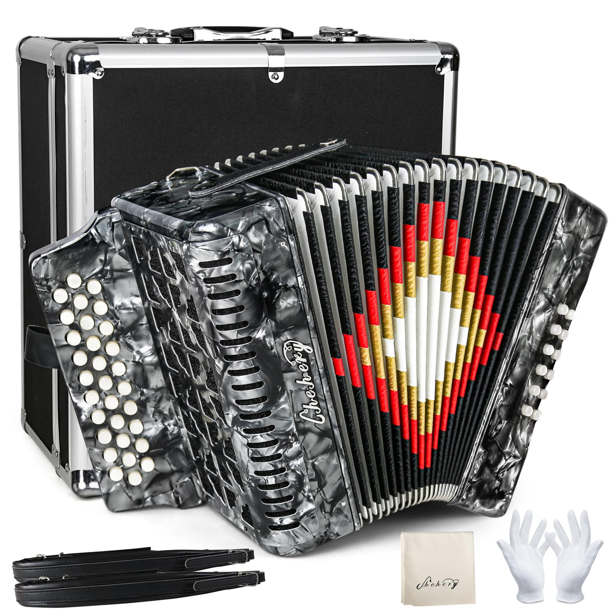 Accordions 31 Key 12 Bass Diatonic G/C/F w Case Strap Gloves Cloth (Gray)
