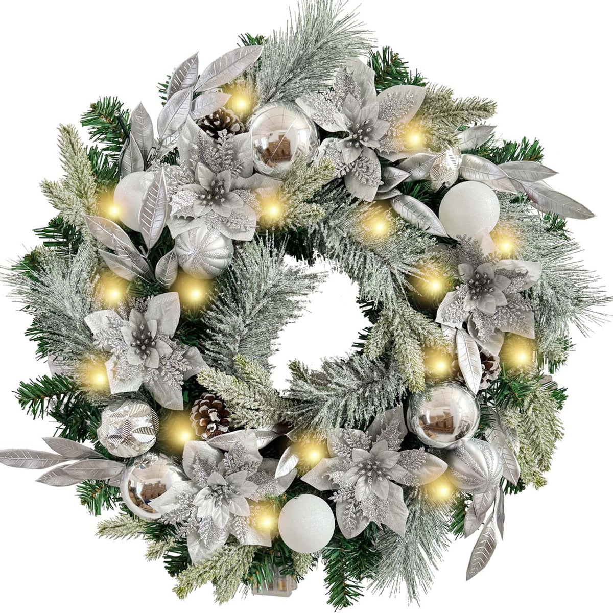 Pre-Lit 24 Inch Silver White Christmas Wreath for Front Door Timer Winter Lighted Xmas Wreath Indoor Outdoor Decoration with Ball Ornaments,Poinsettia,Battery Operated 30 LED Lights