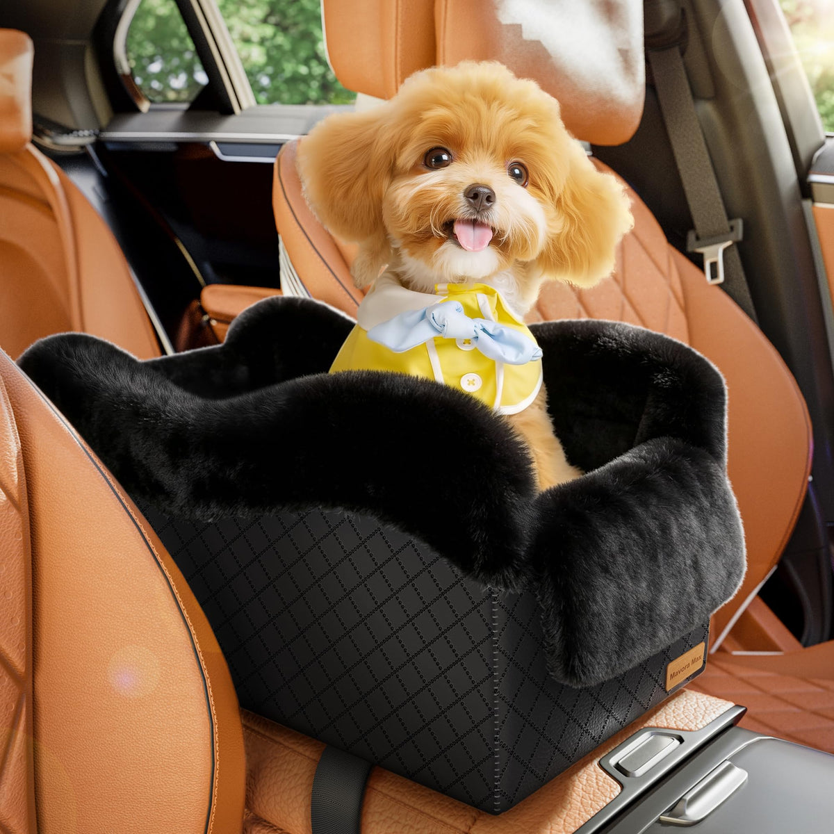 Center Console Dog Car Seat for Small Dogs Under 11lbs, Black Anti-Collapse, Safety Tether, Faux Rabbit Fur-Lined & PU Leather Cover, Washable Puppy Seat for SUV/Truck, Ideal for Travel
