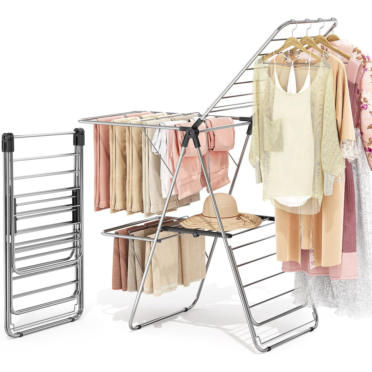 Clothes Drying Rack with 4 Wings, Stainless Steel Drying Rack Clothing with Height-Adjustable, Foldable Gullwings Laundry Drying Rack, Indoor Outdoor Use, No Assembly, Black