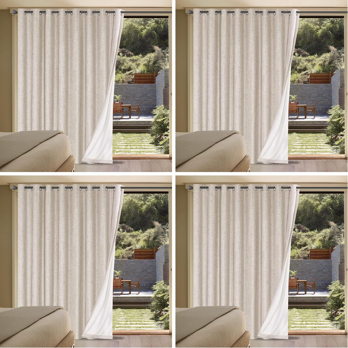 Linen Blackout Curtains Durable Thick Textured Linen Look 100% Blackout Patio Door Curtain Anti Rust Grommet Extra Wide Sliding Door Curtain Panel, Natural,W100 x L108 inch (Pack of 4)