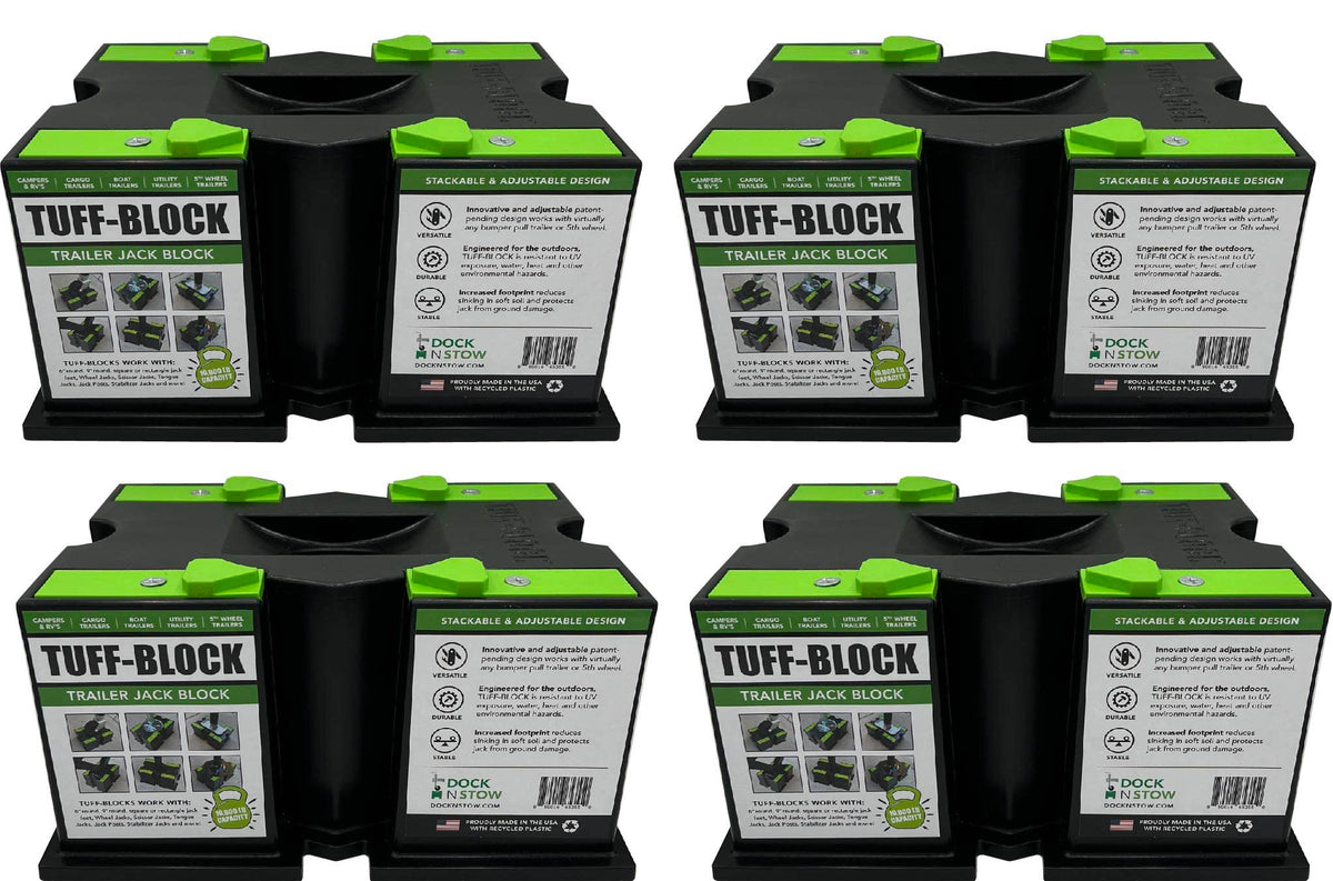 TUFF-BLOCK by Trailer Jack Blocks for RV Camper, 5th Wheel, Boat | Works w/Any Tongue Jack, Post, Scissor Stabilizer or Foot (Round or Square) | Stand Supports 10,000 lbs | Set of Four (4)
