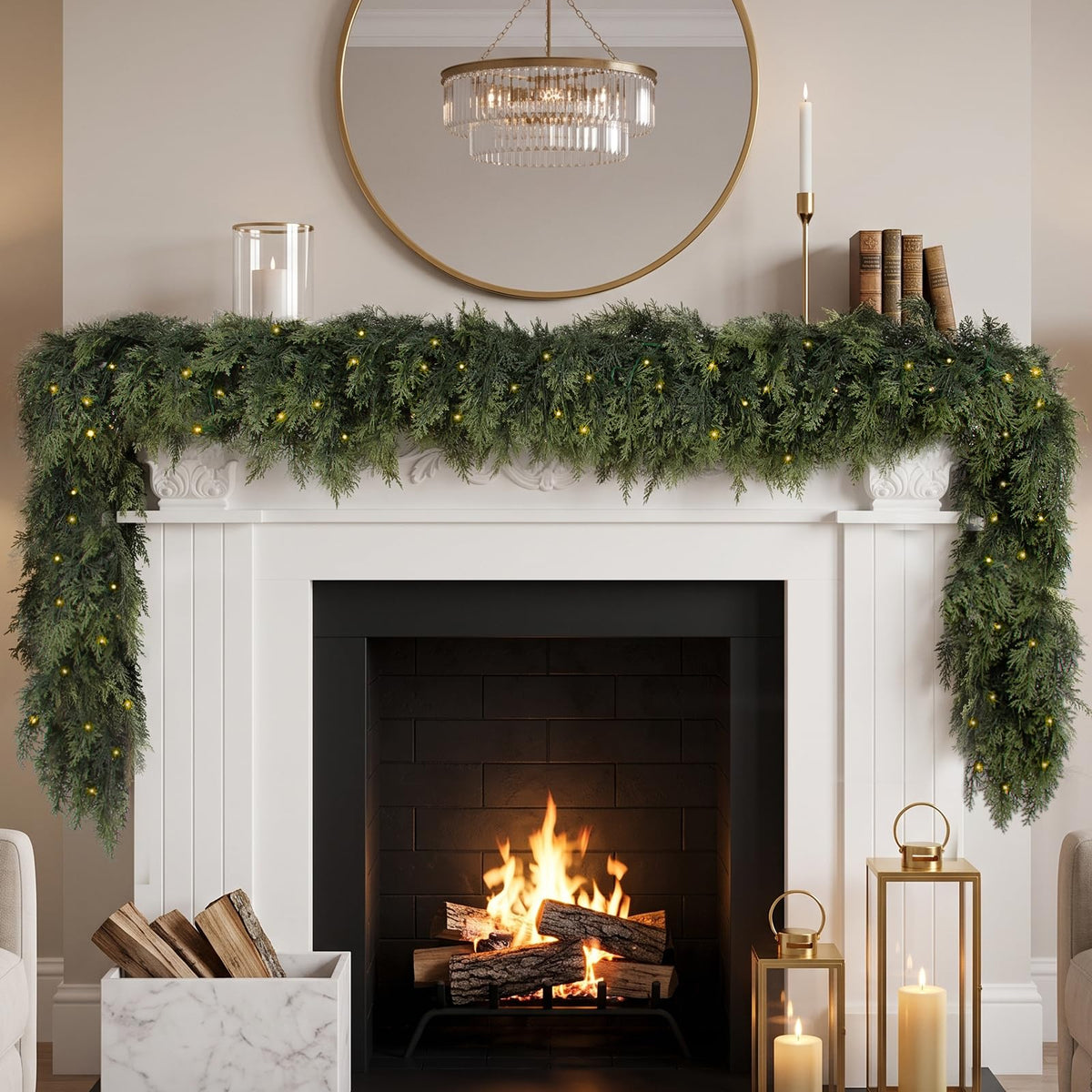 9 FT Pre-lit Christmas Garlands, Faux Cedar Pine Garland, 1 Pcs Lighted Pine Garland, Real Touch Xmas Artificial Greenery Garlands with light for Table, Winter, Outdoor, Wall, Mantle Decor