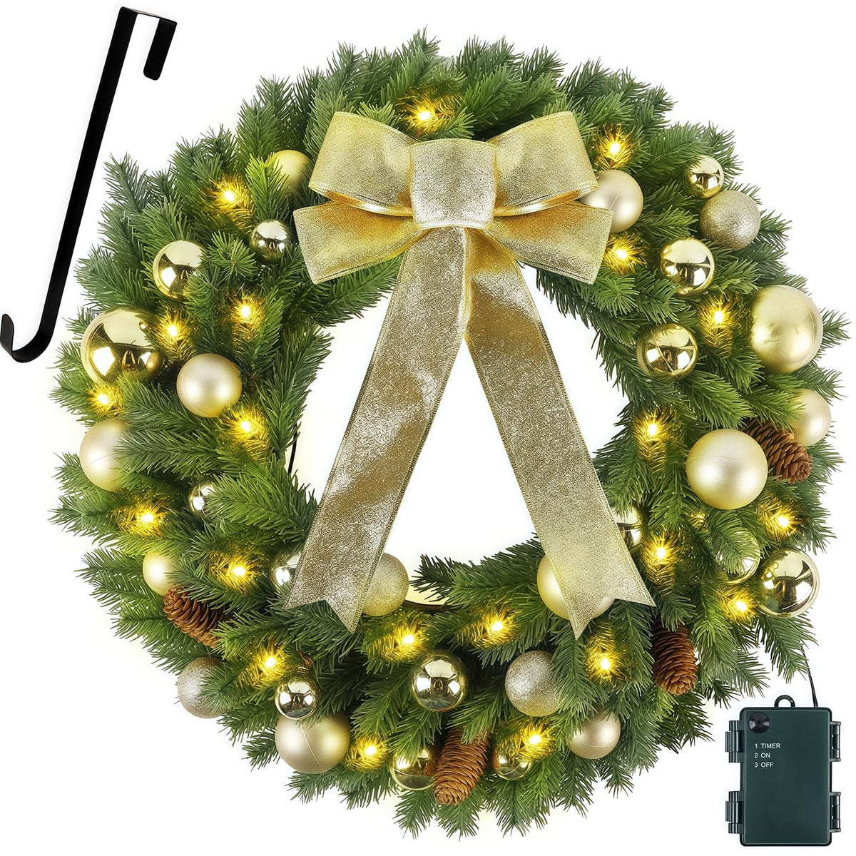 21" Lighted Christmas Wreath with Metal Hanger, Pre-lit Xmas Folded Wreath with LED Lights, Golden Bow & Balls, Battery Operated & Timer for Front Door Gate Wall Holiday Party Decor
