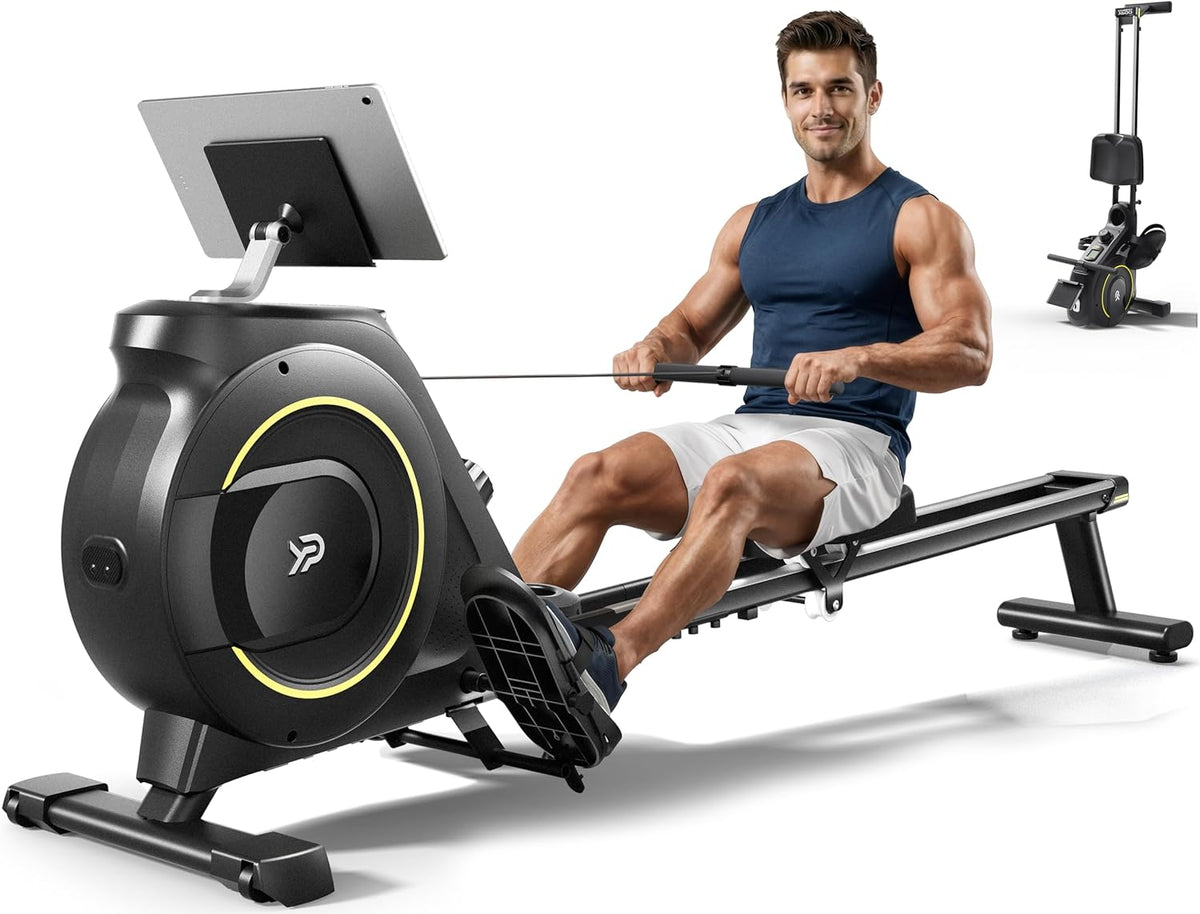 16-Level Dual-Rail Magnetic Rowing Machine, LCD Monitor, Wide Seat, Gray, 265 lb Capacity
