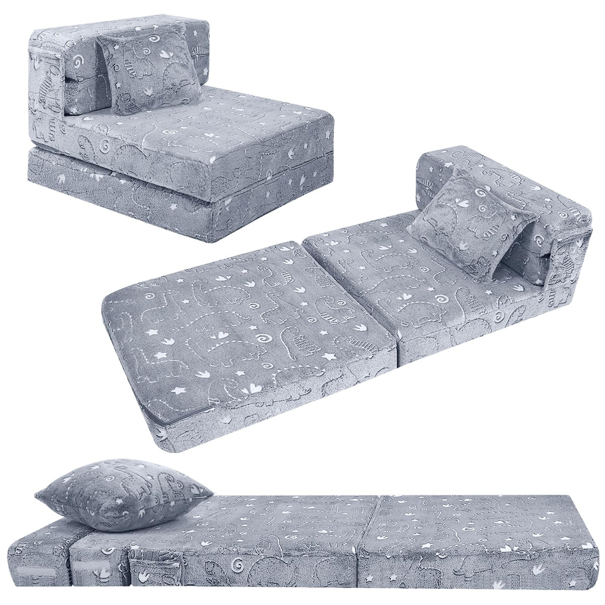 Kids Floor Mattress, 8 in Glow Dinosaur Trifold Sofa Bed, Grey Glow in the dark dinosaur kids floor bed, fold out couch for playroom, guest, travel