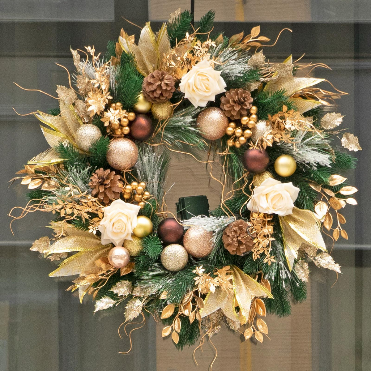 Christmas Wreaths for Front Door with Lights 24 Inch Gold Christmas Wreath Elegant wreath decorated with pinecones gold foliage and brown baubles perfect indoor & outdoor holiday decor for front door