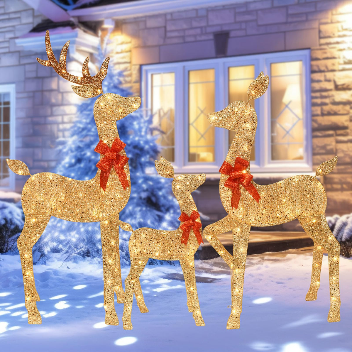 5 FT Oversized Christmas Decorations Outdoor Lighted Reindeer – 3-Piece 2D Deer Family Set with 160 Warm White LED Lights for Yard, Lawn, Garden & Porch Holiday Display - Gold