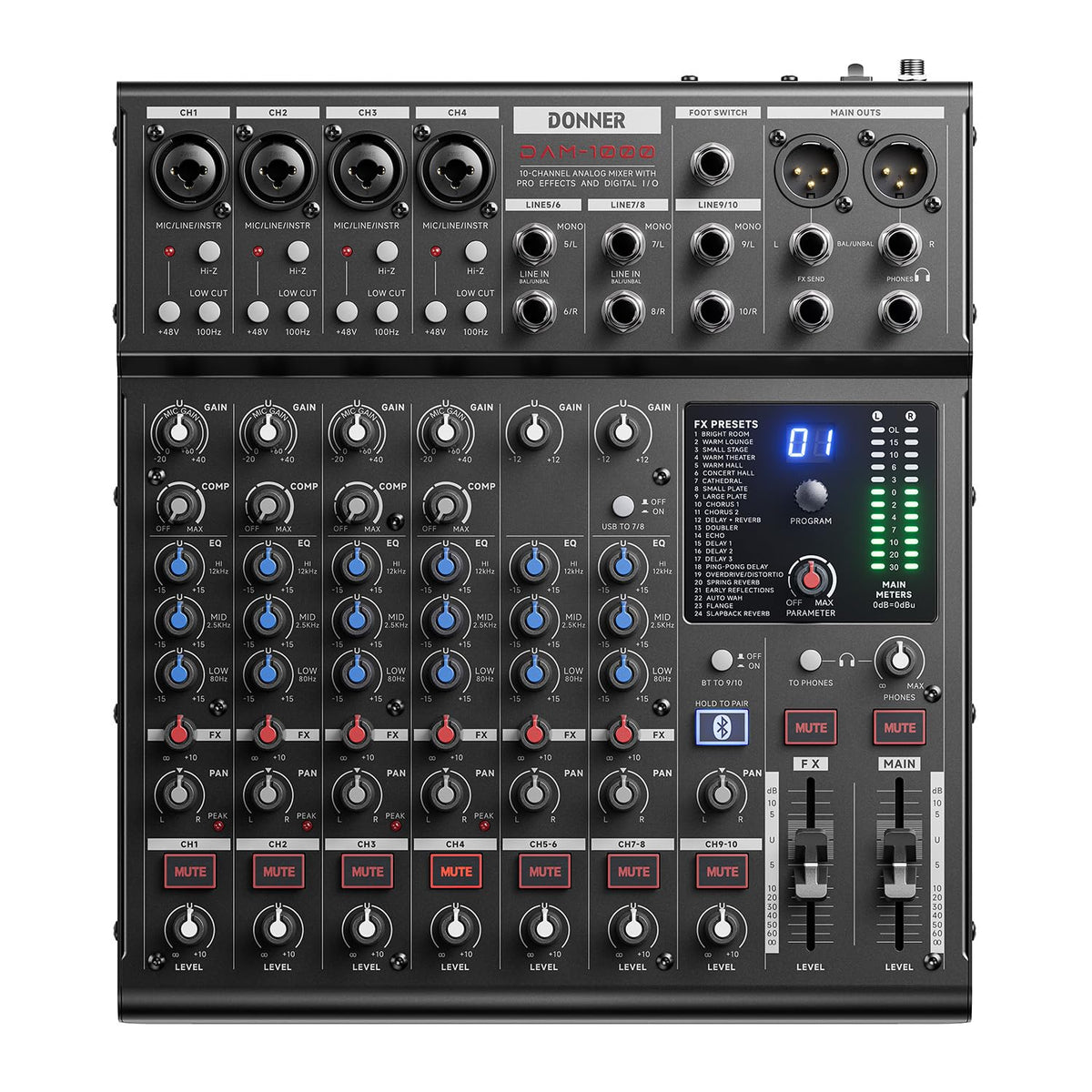 DAM-1000 10-Channel Analog DJ Audio Mixer Sound Board, with 4 Premium LAXY-PRE Microphone, 48V Phantom Power Preamps, BT 5.3, 48kHz 24Bit Sample Rate