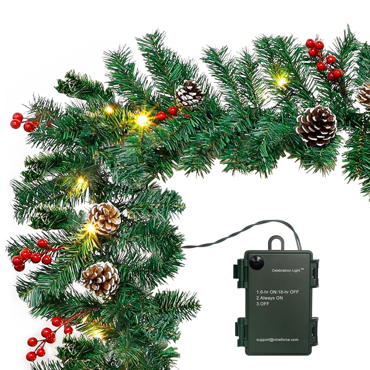 10Ft Christmas Garland with 50 LED Lights - 2 Pack Pre-lit Outdoor Xmas Garland with Timer - Pine Garland with Red Berries Snow Pine Cones - 10 Foot By 10 Inch