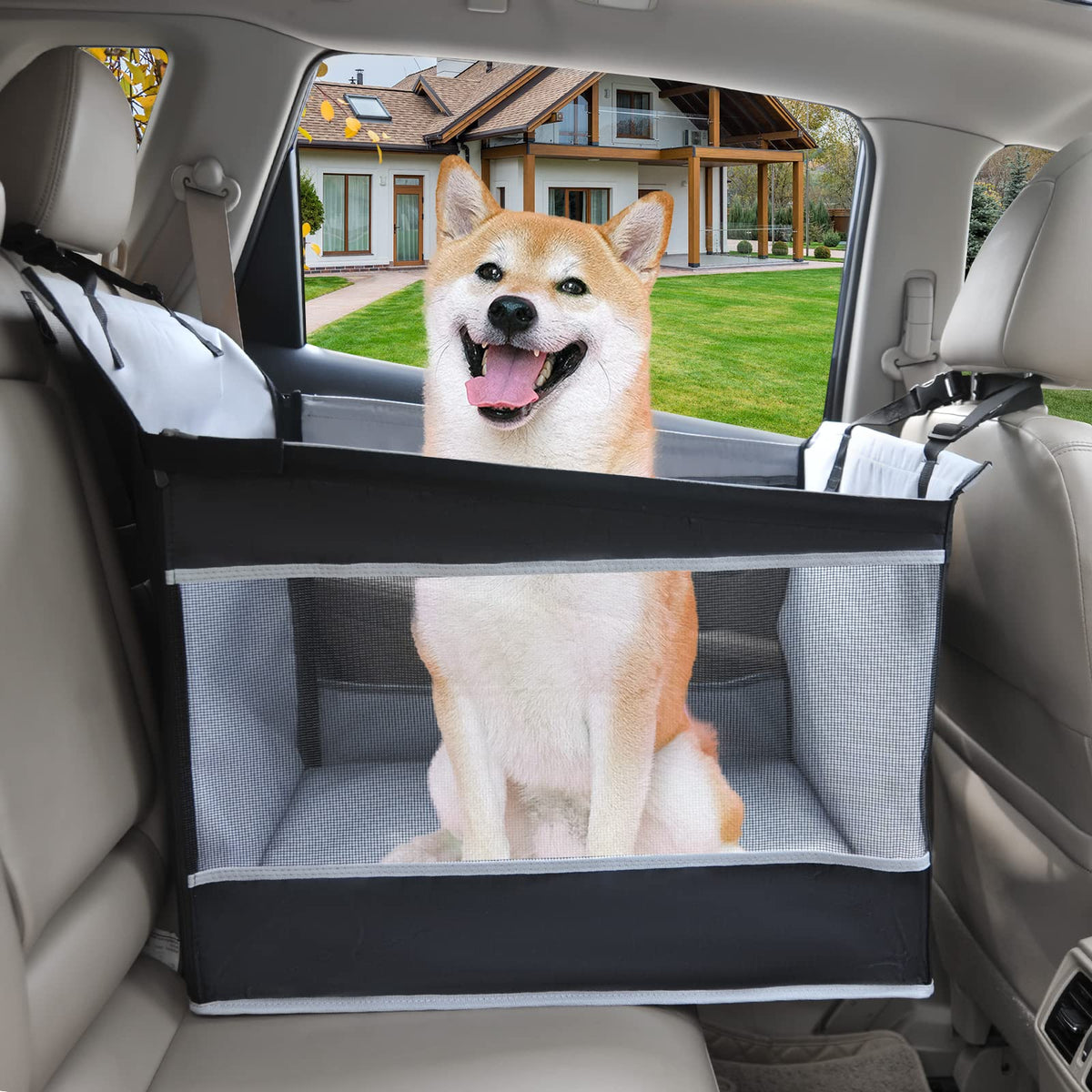 Dog Car Seat Large Medium Size Dog, Back Seat Extender for Dogs with Hard Bottom, Waterproof Fabric, Breathable Mesh Sides, Adjustable Seat Belt Leash, Carseat for Dogs with Non-Slip Bottom Grey
