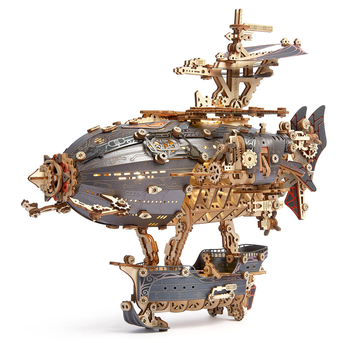 LED 3D Wood Puzzle Fantasy Airship Model - Steampunk DIY Craft Kit with LED Lights – Intricate Wooden Airship Model Building Set for Adults(Gray)