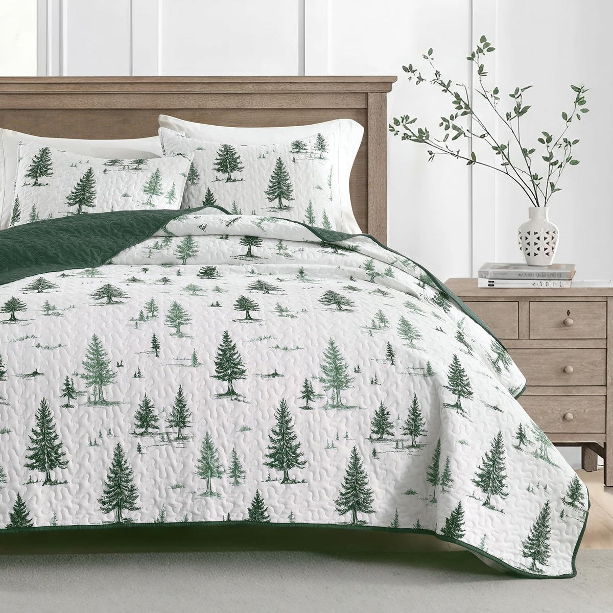 Green Quilt Set King Size 3 Pieces, Reversible Fine Printed Bedspreads with Forest Tree Pattern, Soft and Lightweight Bed Coverlet Bedding Sets for All Season
