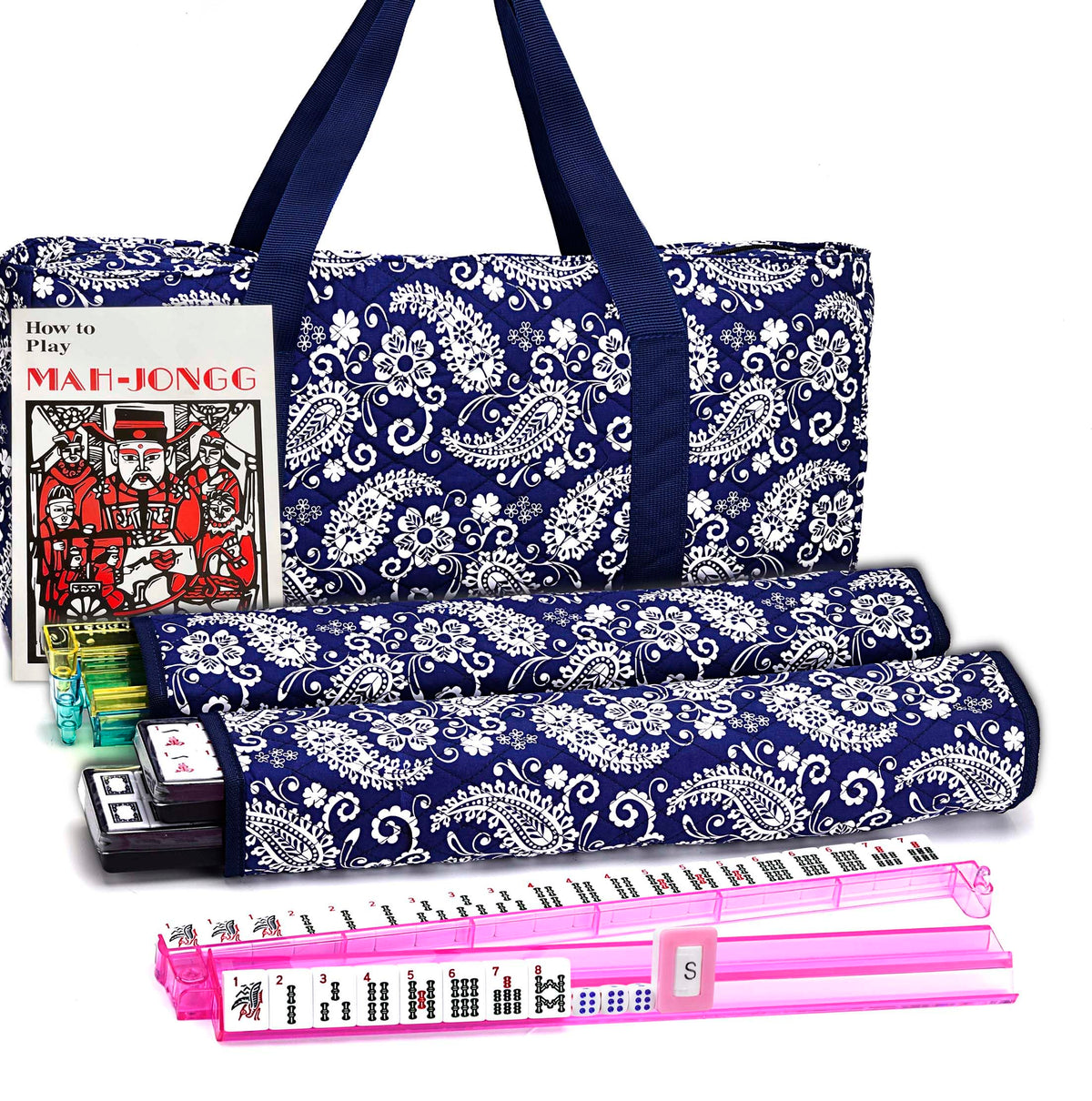 American Mahjong Set with Blue Paisley Carrying Bag 166 Premium White Tiles Complete Game Set includes 166 White Tiles with Engraved Characters plus 4 All in One Color Rack Pushers (Ma Jong, Mah-Jongg)