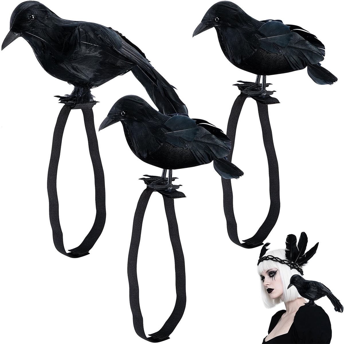 Ebaokuup 3 Pcs Halloween Crow on Shoulder with Strap, Realistic Black Feather Raven Costume Props