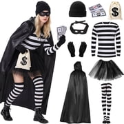 Forfamy Robber Costume Set Adults Halloween Costume Women Black White Striped T-Shirt Black Eye Mask Swag Bag for Halloween Carnival Party Cosplay