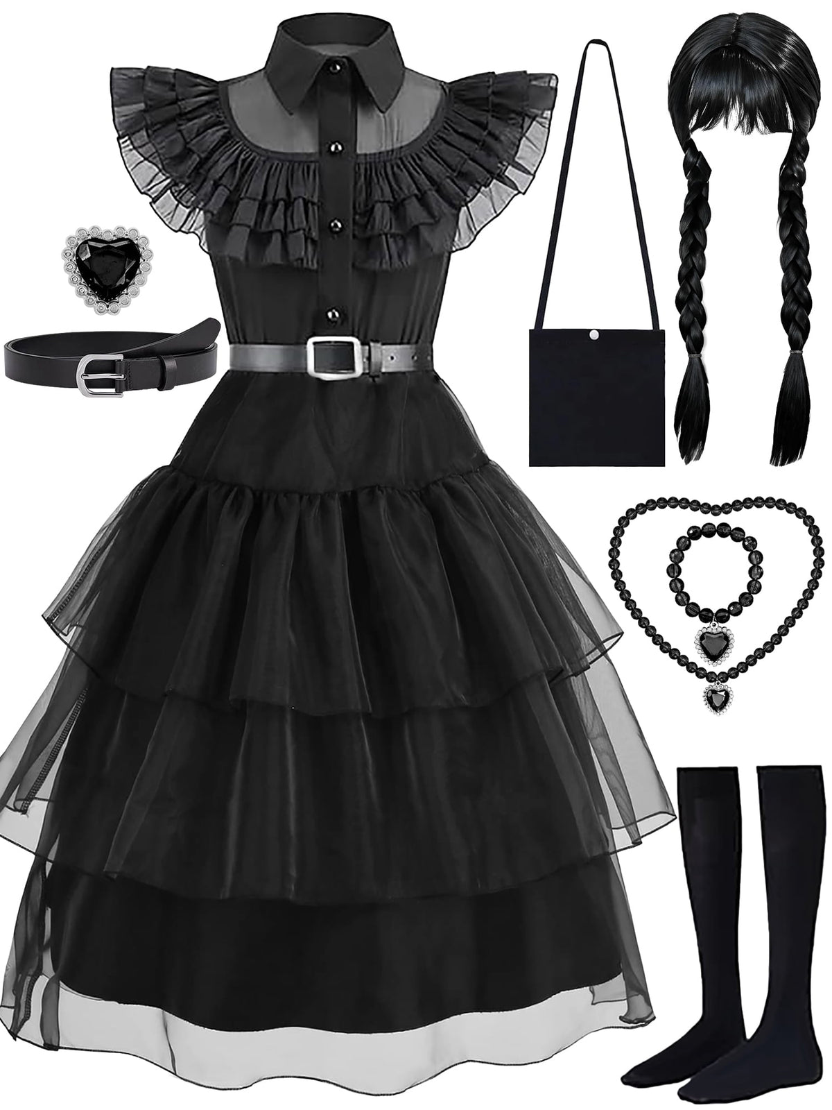 Girls Halloween Costume Fancy Dress with Wig Black for Kids Carnival Party 3-4 Years