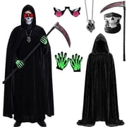 Forfamy Grim Reaper Costume Adult Halloween Fancy Dress Costume, Halloween Hooded Cloak Black Velvet Cloak with Accessories for Mens Grim Reaper Costume