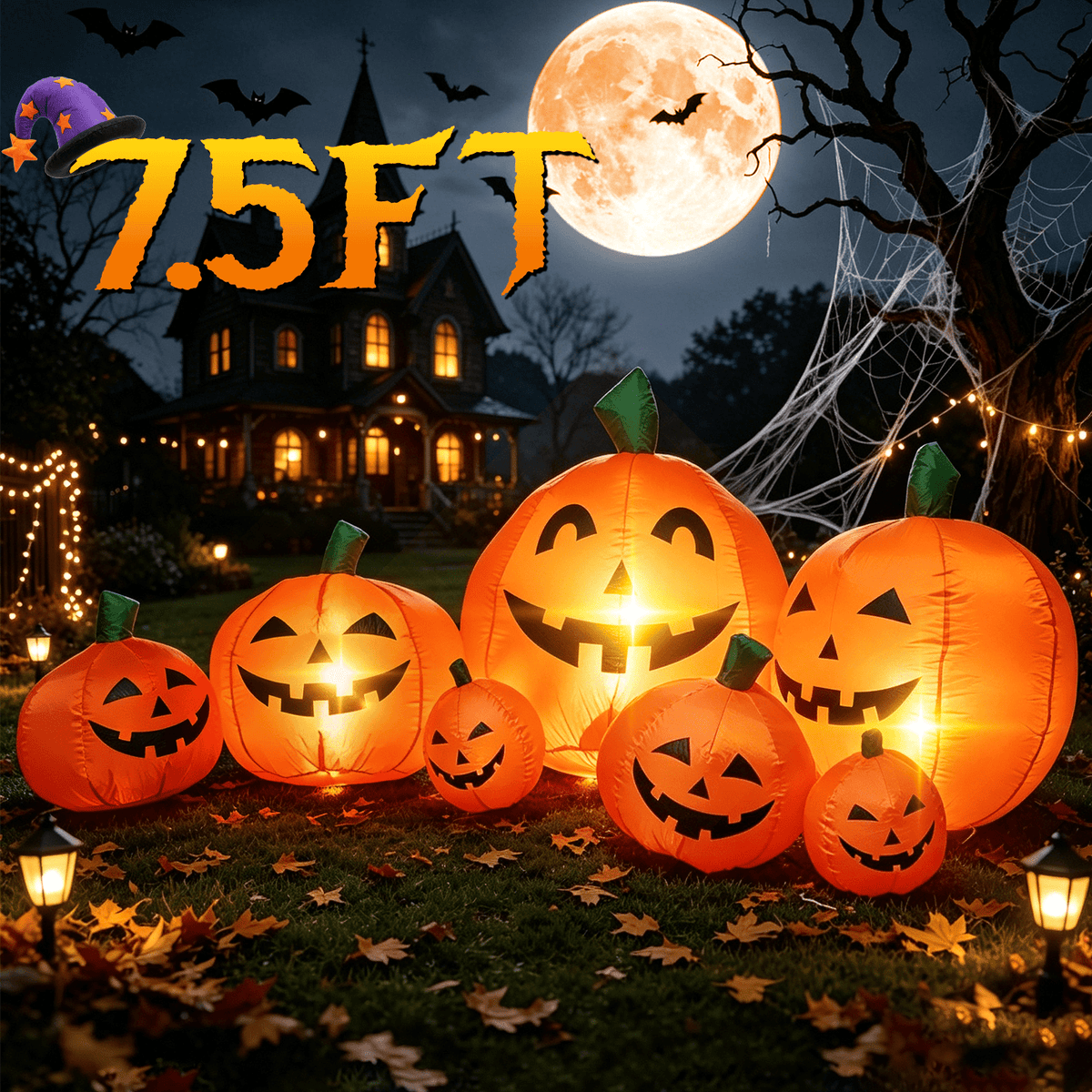7.5 FT Long Halloween Inflatables Pumpkin Family Lighted,7 Pumpkins Blow Up Yard Decoration, Built-in LEDs, Stakes and Tethers Included for Outdoor Lawn Garden Halloween Decor