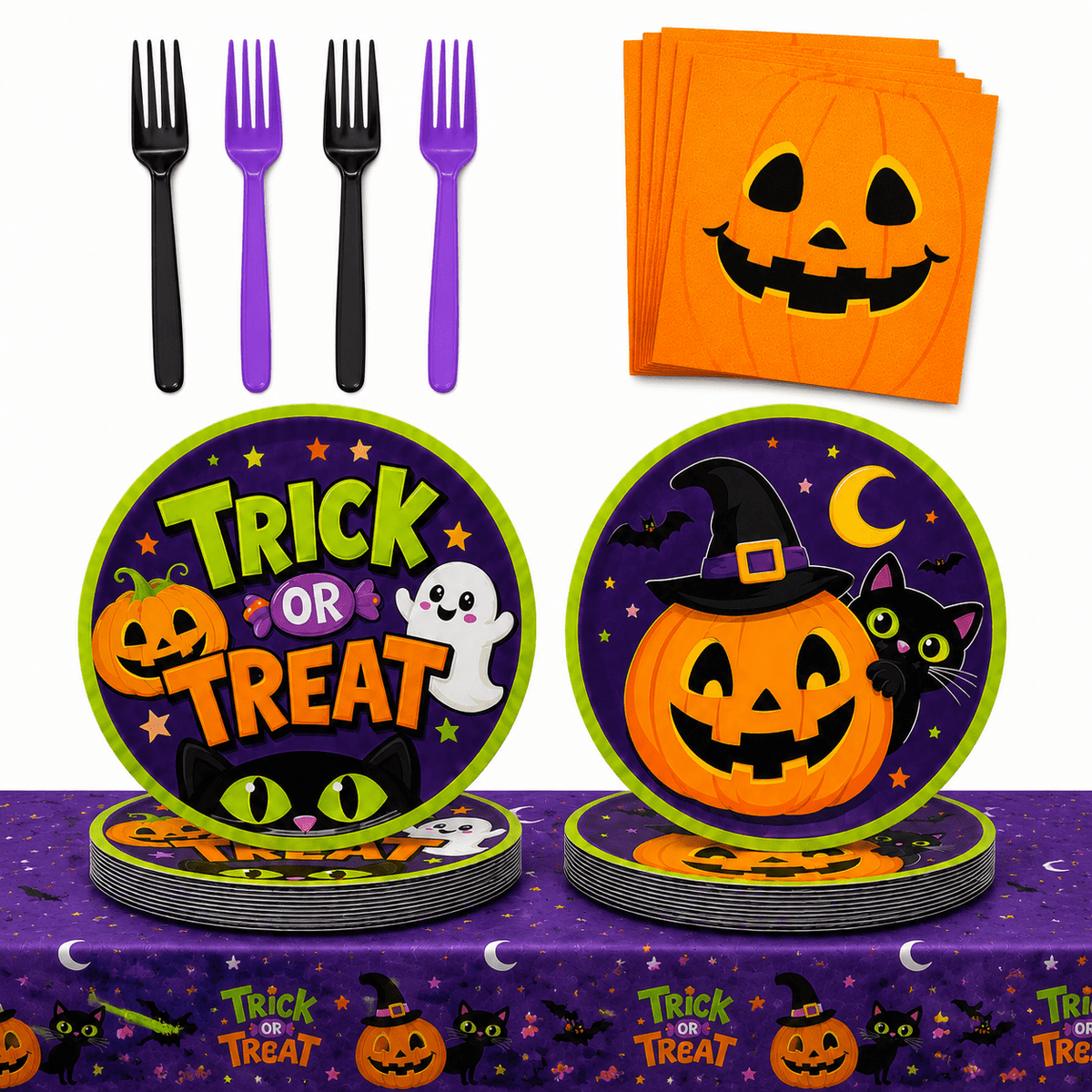 97 Pcs Halloween Party Plates, Pumpkin Party Supplies for 24, Halloween Party Tableware Set for Birthday Parties, Home Decorations and Holiday Celebrations