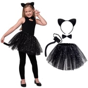 Joyfy 4 Pcs Cat Costume Accessories with Cat Ears and Tail Sparkly Tutu for Girls,Cat Tail Costume Kids,Child Animals Costume Halloween Cosplay set, Kids Dress Up Costume