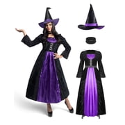 Joyfy Witch Costume for Women, Starry Witch Dress with Belt Hat for Adult Halloween Party Cosplay Dress up