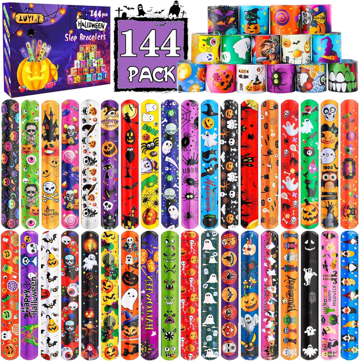 Miguan 144 Pcs Halloween Slap BraceletsHalloween Party Favors Supplies for Kids-108 Different Designs Bracelets Bulk for Halloween Decorations Treat Toys Bag Stuffers Gift for Kids Girls Boy
