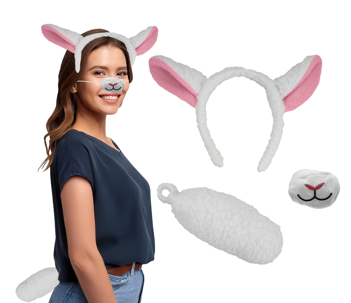 Nicky Bigs Novelties Adult Lamb Costume Accessory Set Sheep Ears Headband and Tail for Halloween, Cosplay, Parties, and Photo Props Soft Plush Farm Animal Costume for Adults - One Size (Whit