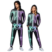 Skeleton Halloween Costume Jumpsuit for Women Men Adults, Unisex Onesie Pajamas Cosplay Party, Cozy One Piece Outfit