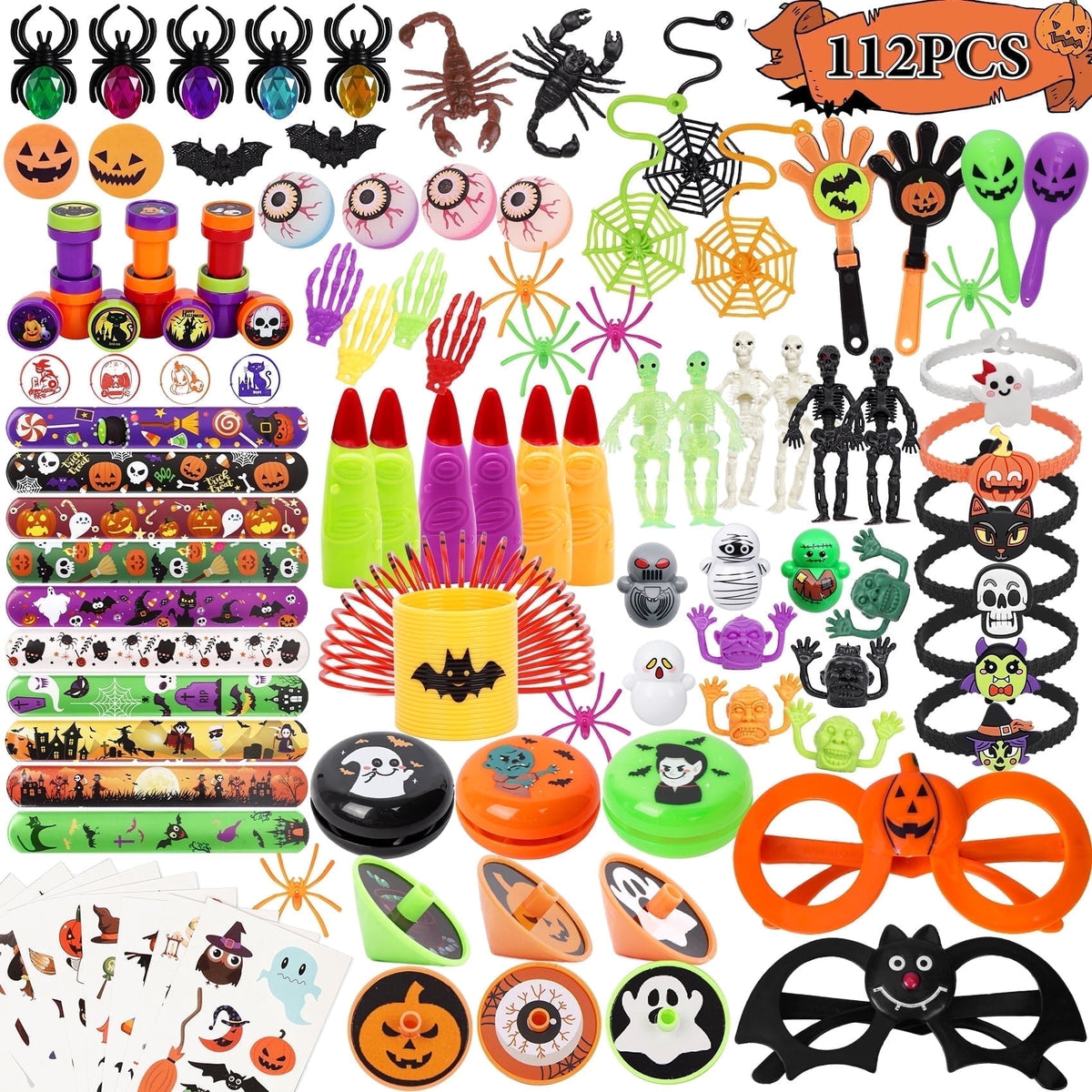 HiberyHom 112 Pcs Halloween Party Favors, Bulk Toys and Goodie Bag Halloween Stuff, Ideal Halloween Toys for Gift Bags, Halloween Gifts for Kids