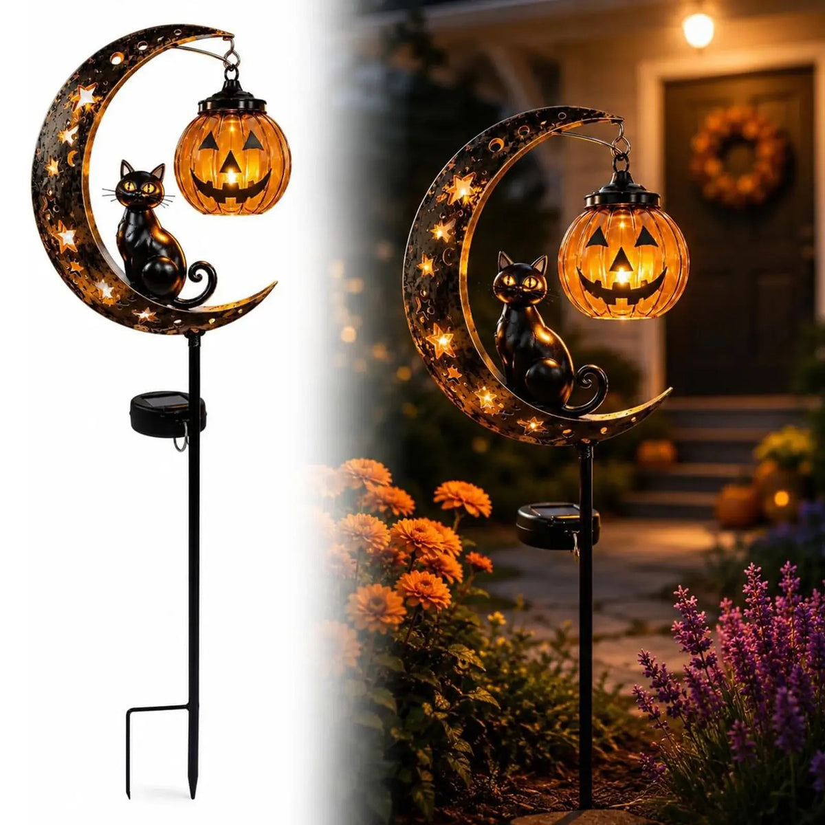 Solar Black Cat and Pumpkin Moon Garden Stake Light