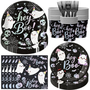 125PCS Hey Boo Ghost Halloween Tableware Set for 25 Guests, Includes 9" and 7" Paper Plates, Napkins, Cups and Plastic Forks, Pastel Ghost Party Supplies for Kids, Halloween Birthday Party