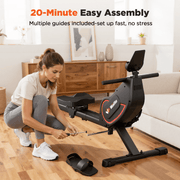 16-Level Magnetic Rowing Machine with Extended Slide Rail, LCD Monitor, Wide Seat, Black, 300 lb Capacity