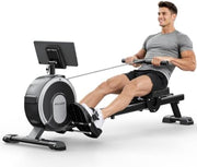 16-Level Magnetic Rowing Machine with Extended Slide Rail, App-Ready Monitor, Standard Seat, Gray, 350 lb Capacity