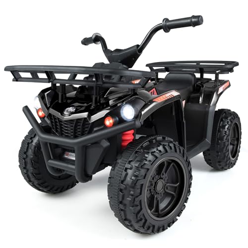 Kids ATV 4 Wheeler, 24V 5 MPH Electric Ride On Quad with LED Headlights, Music & Stories, Multi-Terrain Ride On Toy with Front & Rear Storage for Boys Girls Aged 3+ (24V, Black)