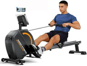 16-Level Magnetic Rowing Machine with Extended Slide Rail, App-Ready Monitor, Wide Seat, Black, 300 lb Capacity