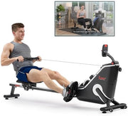 16-Level Magnetic Rowing Machine with Extended Slide Rail, LCD Monitor, Wide Seat, Gray, 300 lb Capacity