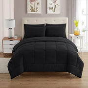7 Piece Comforter Set Bag Solid Color All Season Soft Down Alternative Blanket & Luxurious Microfiber Bed Sheets, Black, King (Pack of 3)