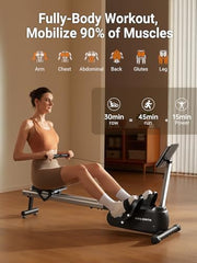 16-Level Magnetic Rowing Machine with Extended Slide Rail, Advanced LCD Monitor, Wide Seat, Black, 300 lb Capacity