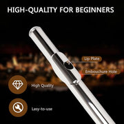 Professional Nickel Plated C Flute for Beginners and All Levels, 16 Key Closed Hole with Ergonomic Design, Includes Carrying Case, Gloves, Cleaning Cloth, Tuning Rod