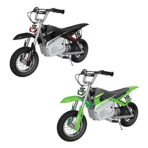 Kid and Teen Dirt Rocket 24 Volts High Torque Electric Motorcycle with Pneumatic Tires, Speeds up to 14 Miles Per Hour, 2 Pack, Black/Green