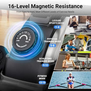 16-Level Magnetic Rowing Machine with Extended Slide Rail, App-Ready Monitor, Wide Seat, Gray, 250 lb Capacity
