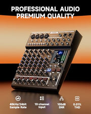 DAM-1000 10-Channel Analog DJ Audio Mixer Sound Board, with 4 Premium LAXY-PRE Microphone, 48V Phantom Power Preamps, BT 5.3, 48kHz 24Bit Sample Rate