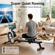 16-Level Magnetic Rowing Machine with Extended Slide Rail, App-Ready Monitor, Standard Seat, Gray, 350 lb Capacity