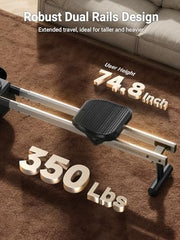 16-Level Magnetic Rowing Machine with Extended Slide Rail, App-Ready Monitor, Wide Seat, Gray, 350 lb Capacity