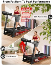 Treadmill for Home, Folding Treadmill with 15% Auto Incline,3.0HP Folding Treadmill with App,12 Workout Programs, Max 8.7 MPH Running Machine, 300 LBS Capacity